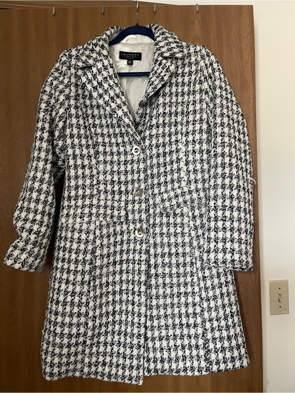 Laundry by Shelli Segal Houndstooth Tweed Coat Jacket Black White Size Small
